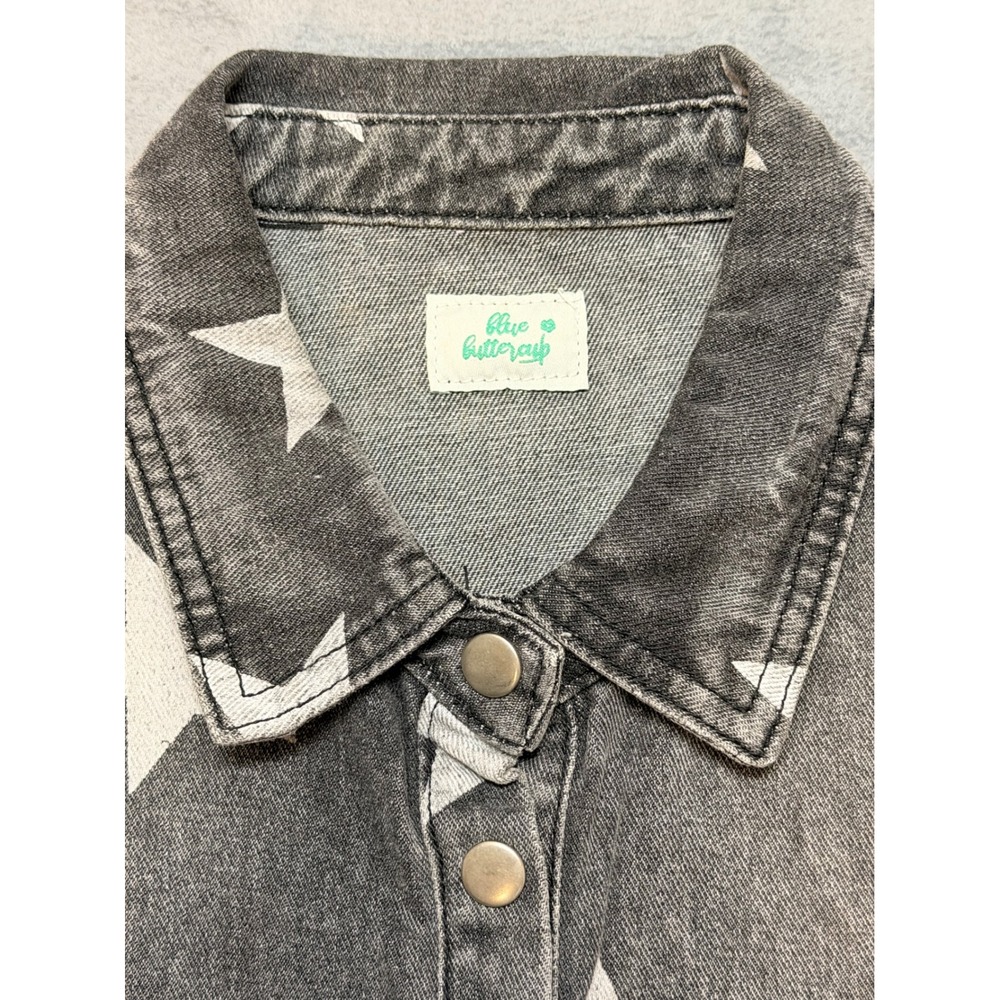 Blue‎ Buttercup Womens Distressed Gray Star Denim Button Up Shirt Grunge - Picture 5 of 8